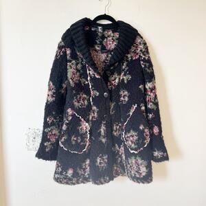 Tricot Chic Italian Unique Black Floral Mohair Sweater Coat Cardigan 4 / S
